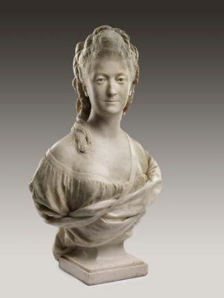 Marble bust of Madame His.  She has long curly hair that is elaborately pinned behind her head,…