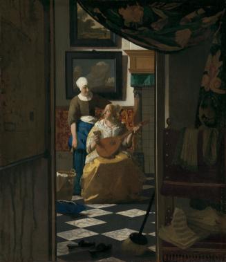 Painting of two women in a room, one holding a letter and a stringed instrument, the other look…