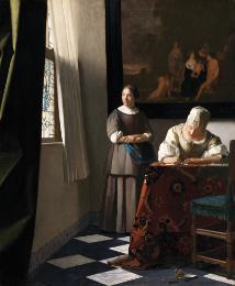 Painting of a seated woman writing a letter at a table with a second woman standing behind her …