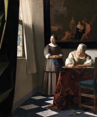 Painting of a seated woman writing a letter at a table with a second woman standing behind her …