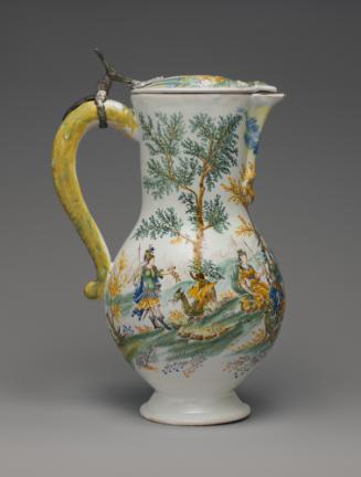 Pitcher decorated with painted landscapes, in color