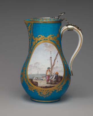 Porcelain water jug in blue, white, and gold with genre scenes