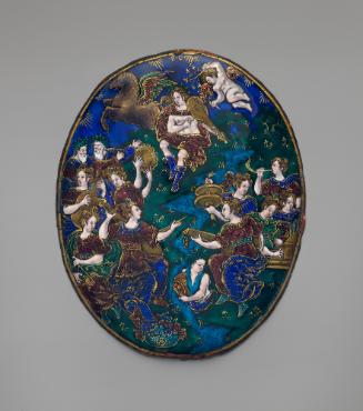 Painted enamel oval medallion depicting  Apollo and the Muses