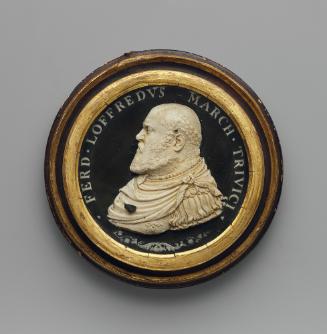 Wax model on a black background for a portrait medal of Ferrante Loffredo wearing armor with dr…