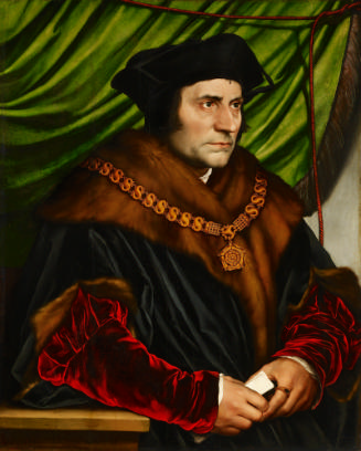 oil painting of Sir Thomas More wearing a black cap, a black velvet cloak with brown fur lining…