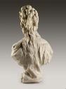 Alternate view of a marble bust of Madame His.  She has long curly hair that is elaborately pin…