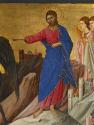 close-up of a tempera painting of Christ, followed by two angels, extending his right arm towar…