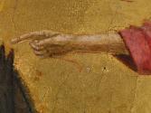 close-up of a tempera painting of Christ, followed by two angels, extending his right arm towar…