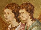 close-up of a tempera painting of Christ, followed by two angels, extending his right arm towar…