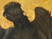 close-up of a tempera painting of Christ, followed by two angels, extending his right arm towar…