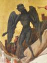 close-up of a tempera painting of Christ, followed by two angels, extending his right arm towar…