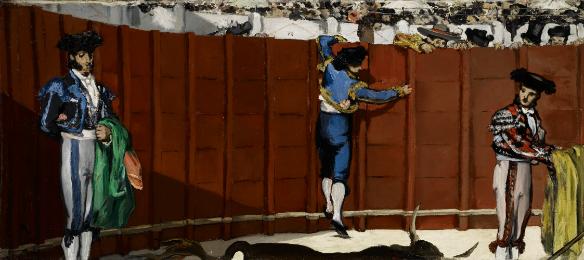 oil painting of three bullfighters in a ring surrounded by a burgundy fence with the horns, bac…