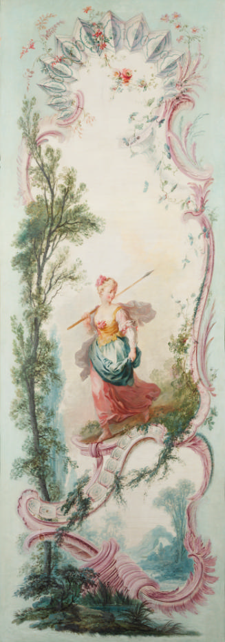 oil painting of a girl with a spear in a landscape