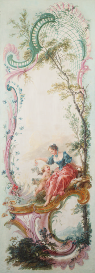 oil painting of a woman with Cupid in a landscape
