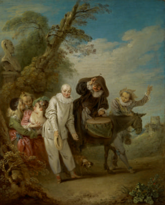 oil painting of a group of six people in costume and a donkey in a landscape