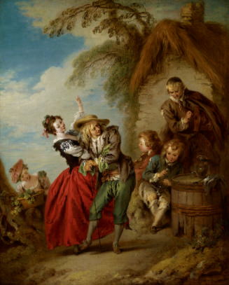 oil painting of people dancing and playing instruments in a landscape