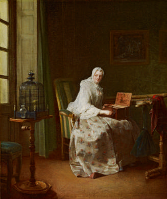 oil painting of a seated woman in a white dress and bonnet playing a bird-organ in a room with …