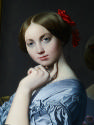 close-up of an oil painting of a woman in a blue dress leaning against a dresser in front of a …