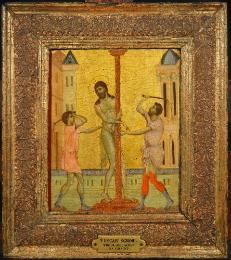 framed tempera painting of the flagellation of Christ against a gold background