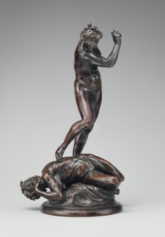 A bronze sculpture of Virtue overcoming Vice.  Virtue is standing upright, her right arm is lif…