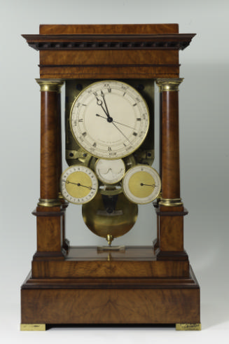 Front view of Mantel Regulator Clock showing the four suspended dials supported by a wood frame…