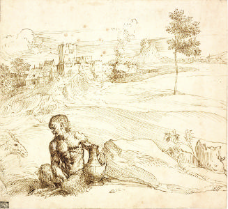 Pen and ink drawing of a seated satyr holding a jug in a rocky landscape, with a city visible i…