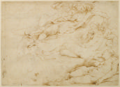 Three pen and ink sketches of Venus reclining in the nude in different poses, attended by Cupid…
