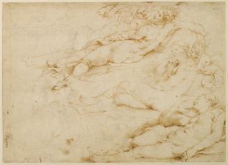 Three pen and ink sketches of Venus reclining in the nude in different poses, attended by Cupid…