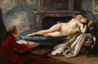 oil painting of an artist sketching a reclining nude woman