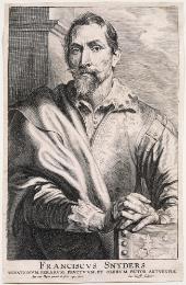 Black and white print of a bearded and mustachioed man in seventeenth-century dress with a lace…