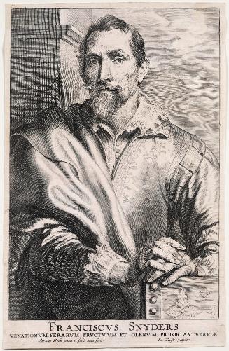 Black and white print of a bearded and mustachioed man in seventeenth-century dress with a lace…