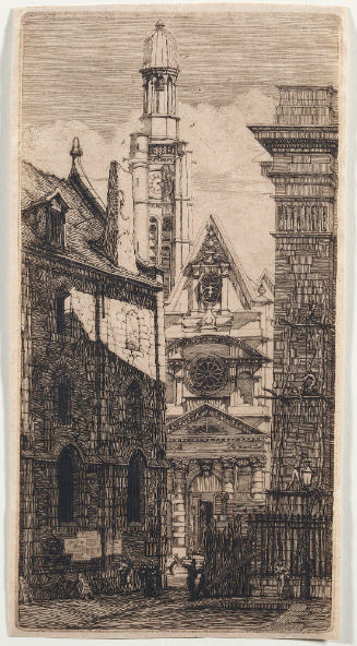 Black and white etching of a narrow alleyway in Paris bordered by houses on either side with a …