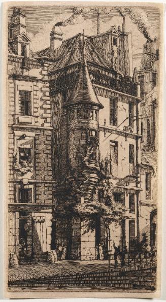 Black and white etching of a three-story house in Paris with a large turret on the front left c…