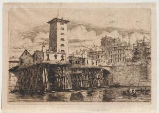 Black and white etching of a river scene in Paris, with buildings on the right side of the rive…