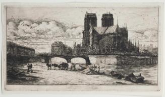 Black and white etching of the apse of Notre Dame viewed from across the river on a narrow beac…