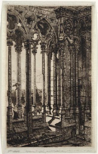 Black and white etching on gray-green paper of an interior view of the pointed Gothic arches of…