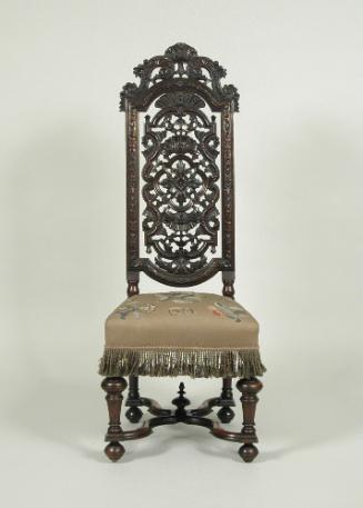 Alternate view of walnut chair with openwork back and embroidered seat showing flowers, fruit, …