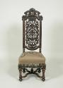 Alternate view of walnut chair with openwork back and embroidered seat showing flowers, fruit, …