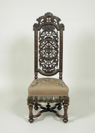 Alternate view of walnut chair with openwork back and embroidered seat showing flowers, fruit, …