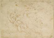 Pen and ink drawing of nude women being lifted to heaven by angels during the Last Judgment.