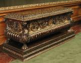 Alternate view of oblong walnut chest with harpies, winged lions, and vegetal decoration, gilde…