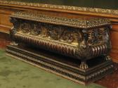 Alternate view of oblong walnut chest with harpies, winged lions, and vegetal decoration, gilde…