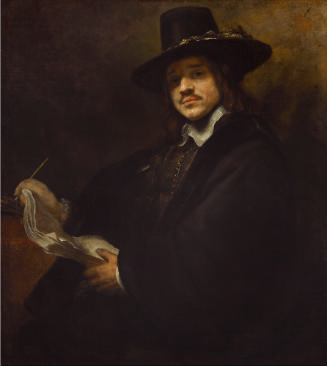 Oil painting of sitting man wearing black outfit and hat