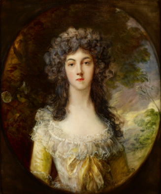Oil painting of woman with dark hair wearing a yellow dress