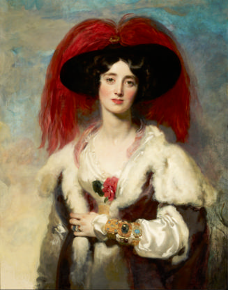 Oil painting of woman wearing red and black hat and coat with fur fringe