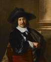 Oil painting of man wearing black and sitting in chair
