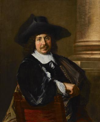 Oil painting of man wearing black and sitting in chair