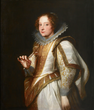 Oil painting of a standing woman wearing a white and gold dress