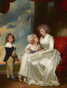 Oil painting of woman in white dress sitting with two standing kids