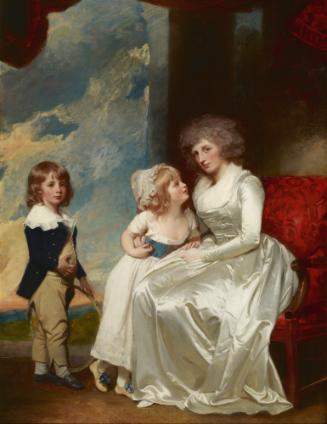 Oil painting of woman in white dress sitting with two standing kids